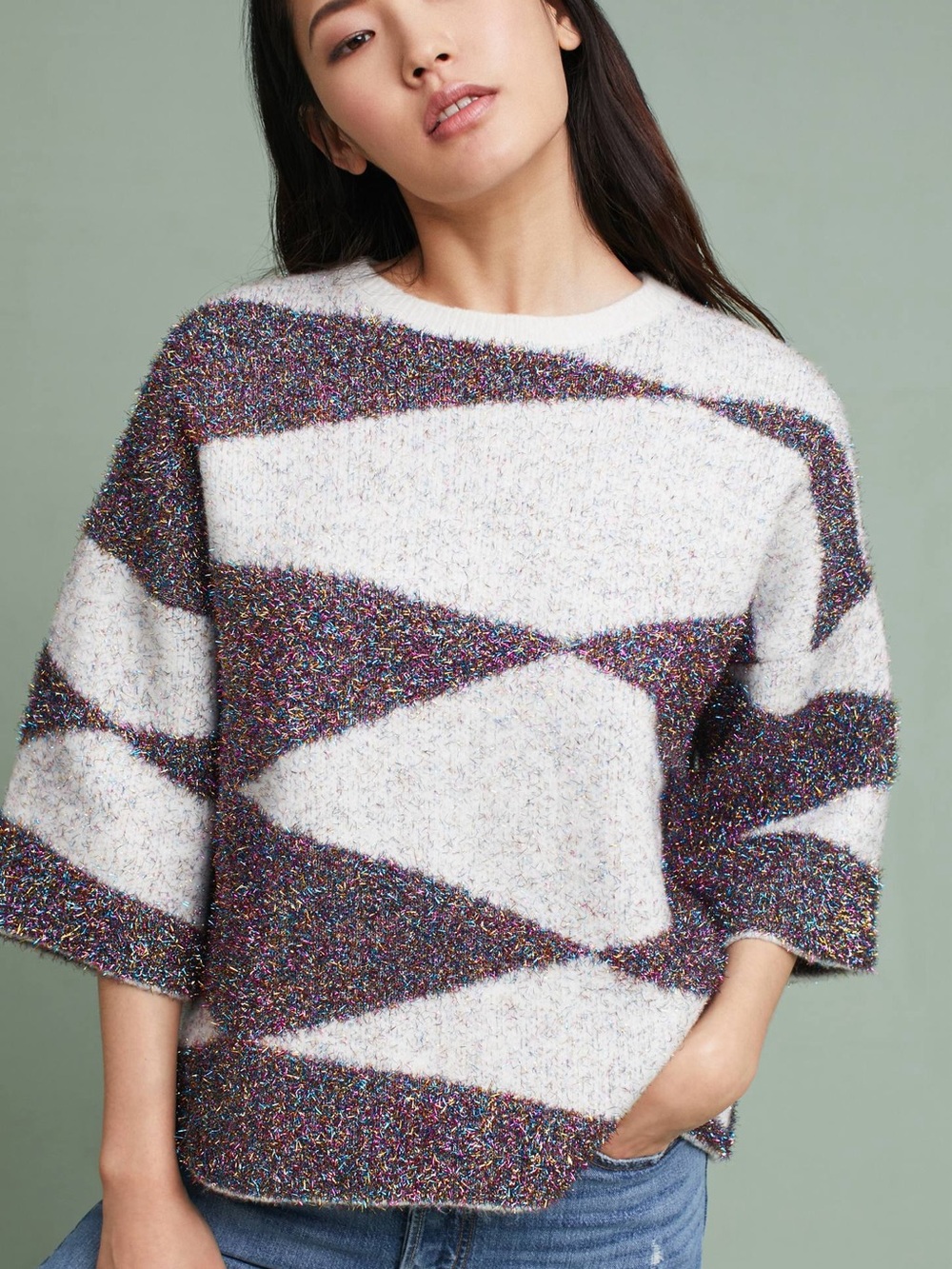 Anthropologie MOTH White Crewneck Sparkling Geo Sweater with Multicolor Speckles